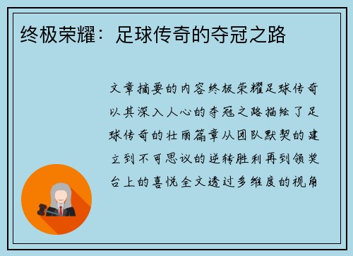 终极荣耀：足球传奇的夺冠之路